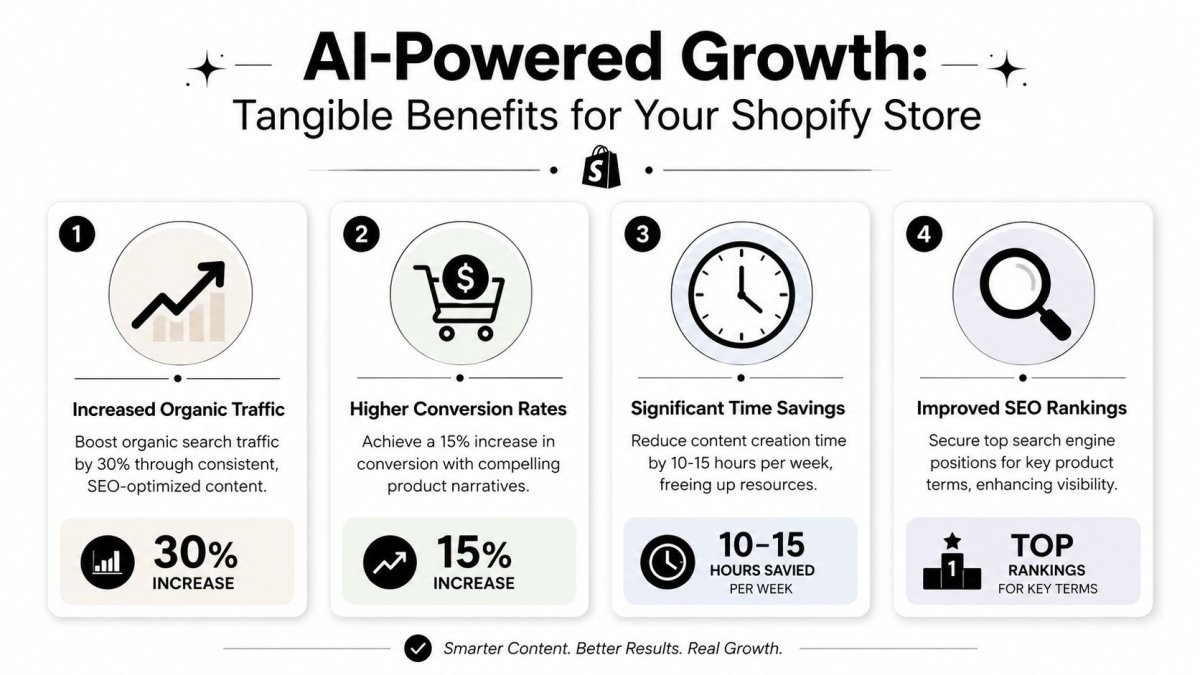 An infographic showing four tangible benefits of using an AI content generator for Shopify store growth.