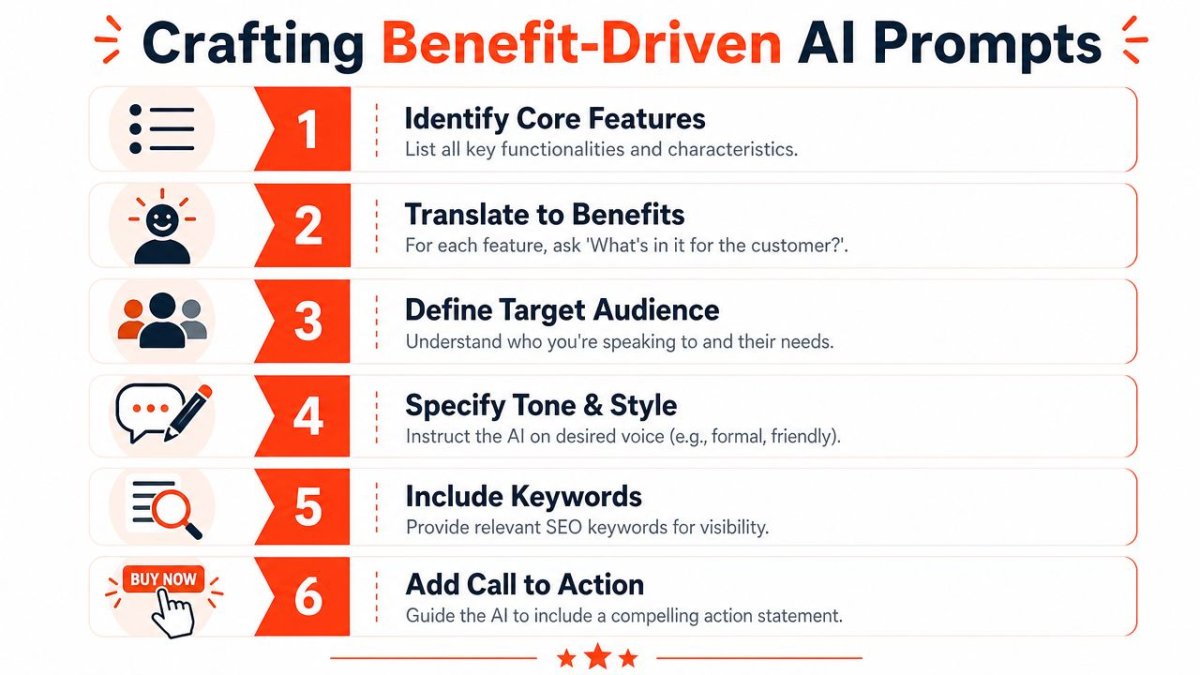 A step-by-step infographic titled Crafting Benefit-Driven AI Prompts, explaining how to write effective AI marketing copy.