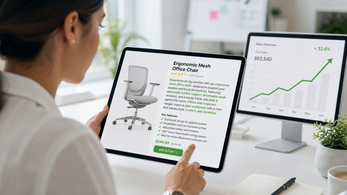 A woman reviewing an ergonomic office chair product page on a tablet in a modern home office.