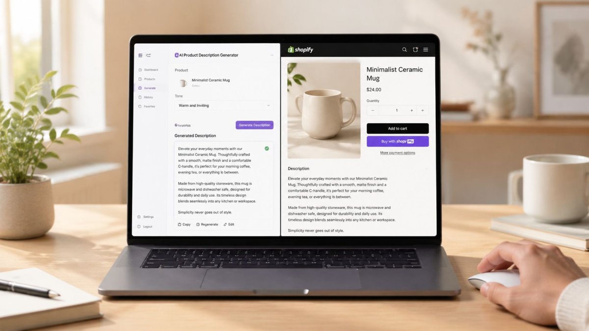 A laptop screen displaying an AI product description generator alongside a Shopify product page for a mug.