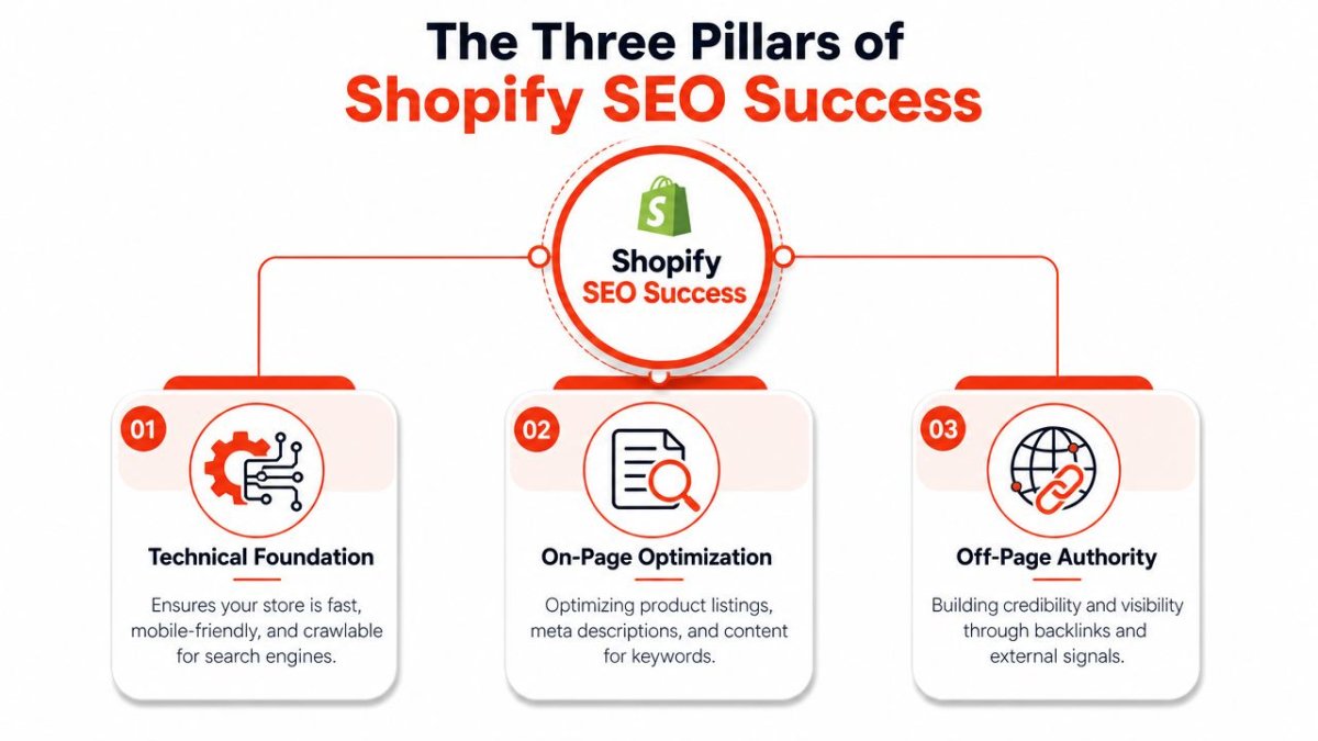 A diagram illustrating the three essential pillars of Shopify SEO success: Technical Foundation, On-Page Optimization, and Off-Page Authority.