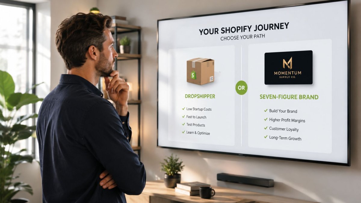 A man looking at a television screen presenting two business paths, dropshipping or building a brand.