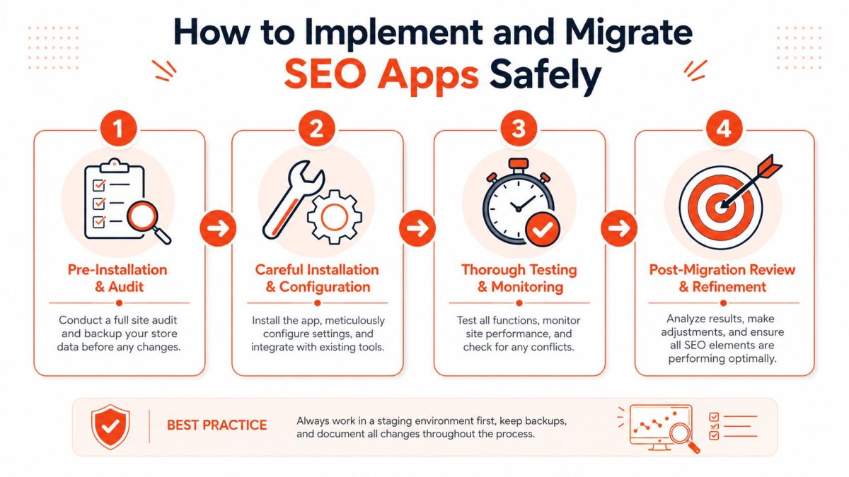 A four-step infographic illustrating the safe process for implementing and migrating SEO apps for e-commerce stores.
