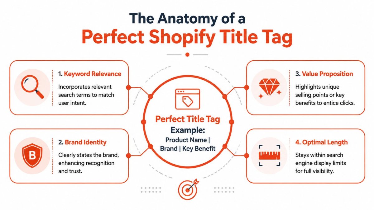 An infographic titled The Anatomy of a Perfect Shopify Title Tag, explaining key elements for optimization.