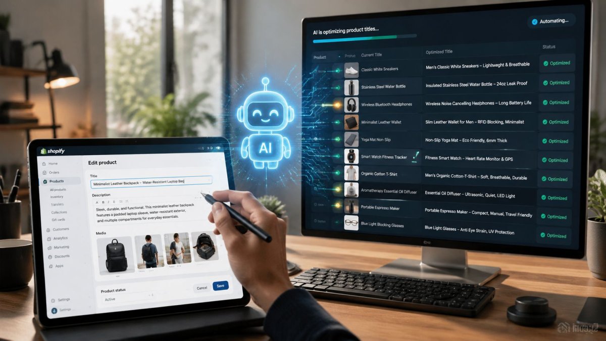A user working on a tablet while an AI software optimizes Shopify product titles on a monitor.