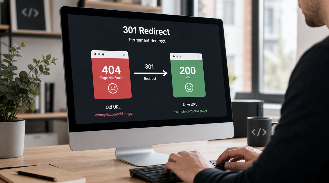 A computer screen displaying an educational graphic about 301 permanent redirects fixing broken 404 page errors.