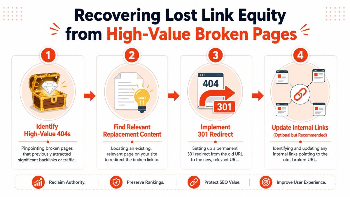 A four-step infographic illustrating how to recover link equity by identifying and redirecting high-value broken pages.