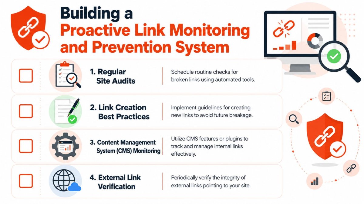 A diagram outlining a four-step proactive system for monitoring and preventing broken links on websites.
