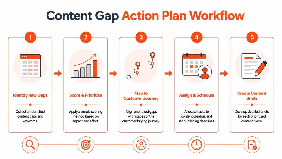 A five-step flowchart illustrating a content gap action plan workflow for digital marketing strategy.