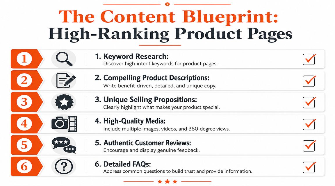 A checklist infographic titled The Content Blueprint for High-Ranking Product Pages outlining six essential SEO steps.