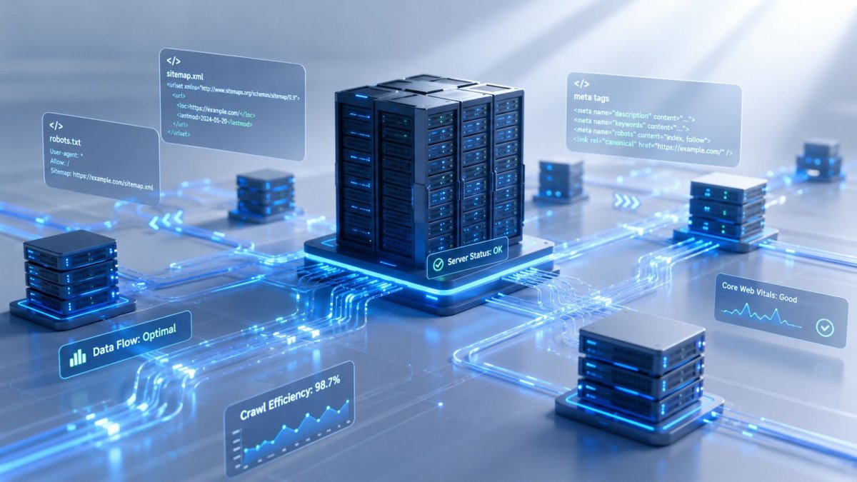 A 3D visualization of server infrastructure showing data flow, crawl efficiency, sitemap xml, and website optimization metrics.