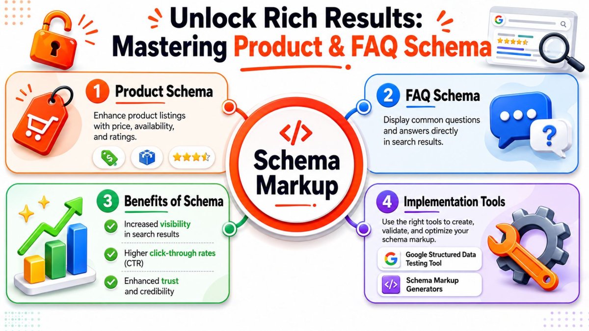 An infographic explaining how to use product and FAQ schema markup to improve search engine results.