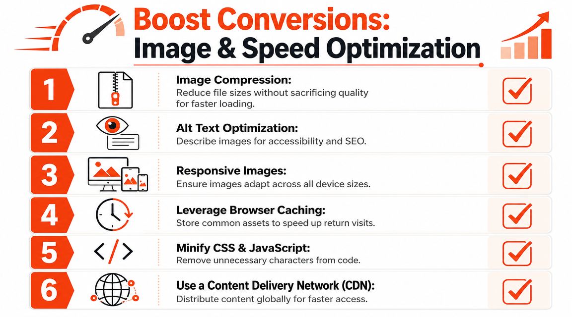 An infographic list outlining six essential strategies for optimizing image and page speed to boost conversions.
