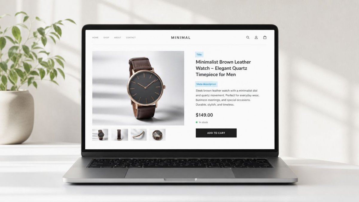 A laptop screen displaying a minimalist e-commerce product page for a brown leather quartz watch.