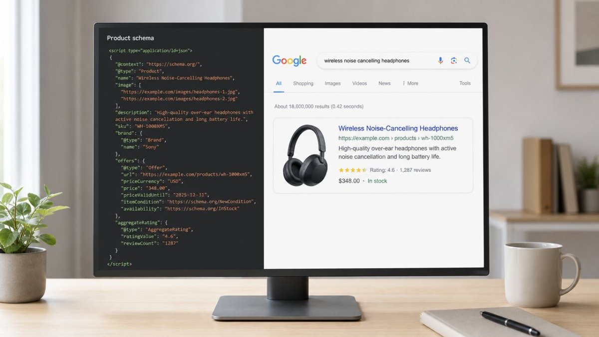 A computer monitor displaying product schema code alongside a Google search result snippet for noise-canceling headphones.