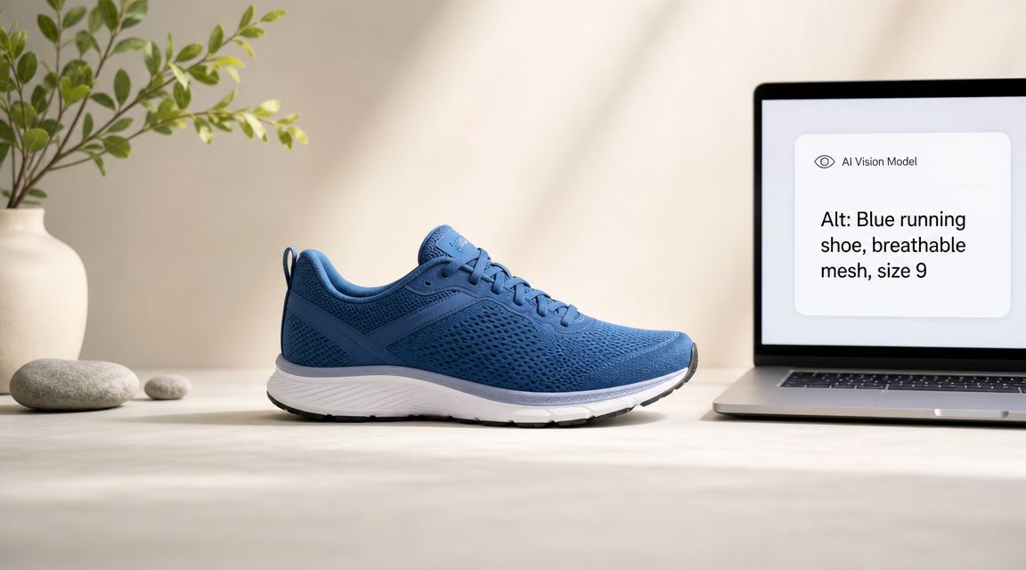 A blue running shoe with breathable mesh fabric sits on a desk next to a laptop computer.