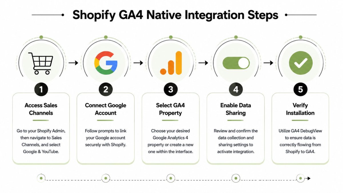 A five-step infographic showing how to integrate Google Analytics 4 with a Shopify online store.