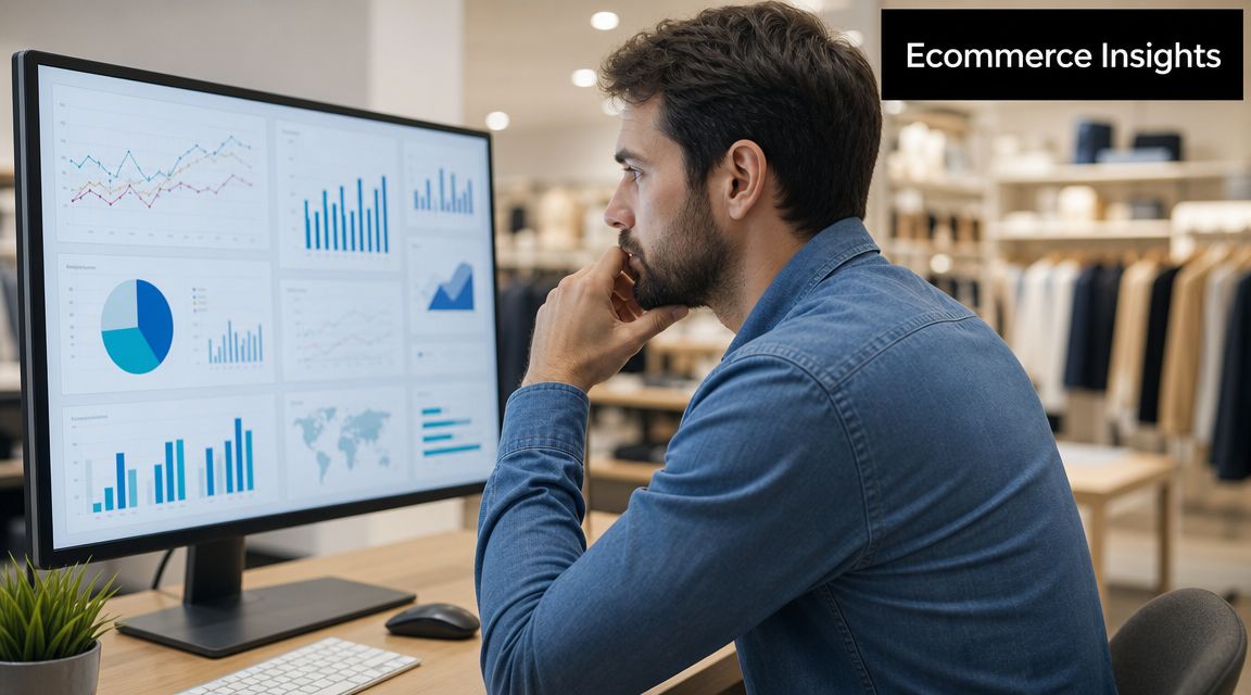 A professional man analyzing e-commerce data charts and metrics on a large computer monitor in a store.