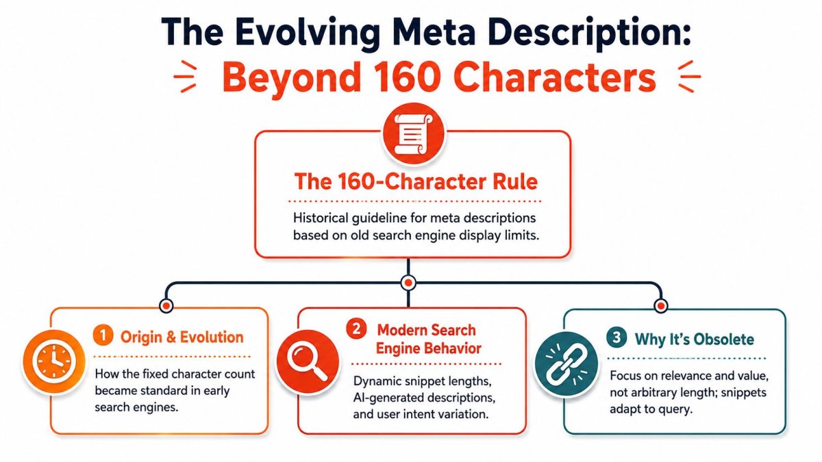 An infographic explaining that modern meta descriptions no longer strictly require a 160-character limit for SEO.