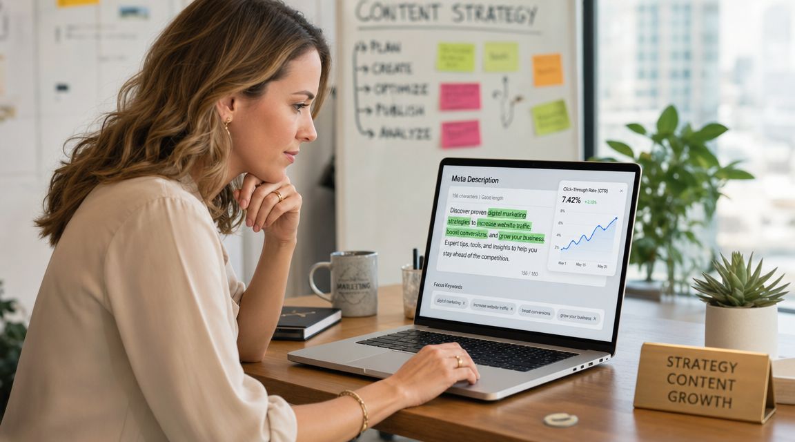 A professional woman working on her laptop to optimize a meta description for SEO strategy effectiveness.