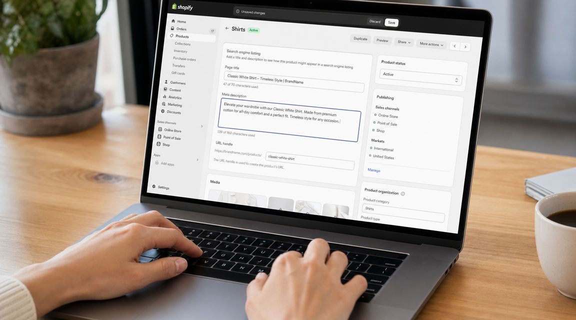 A person typing on a laptop displaying the Shopify product edit page with meta description settings.