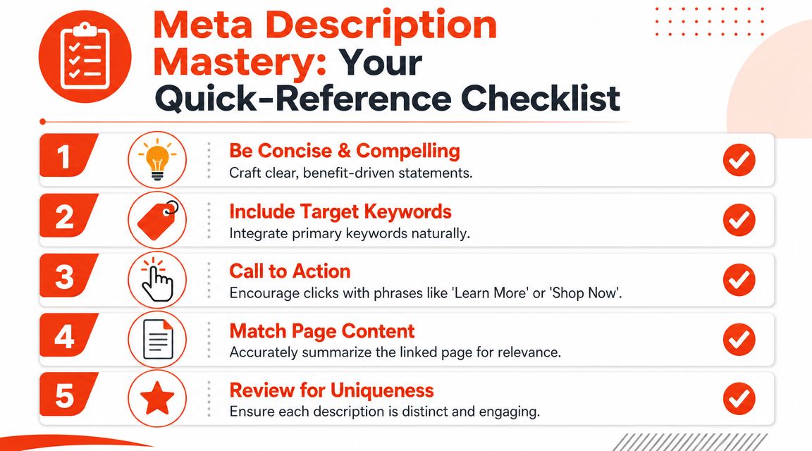 A checklist infographic titled Meta Description Mastery with five key steps for writing effective SEO meta descriptions.