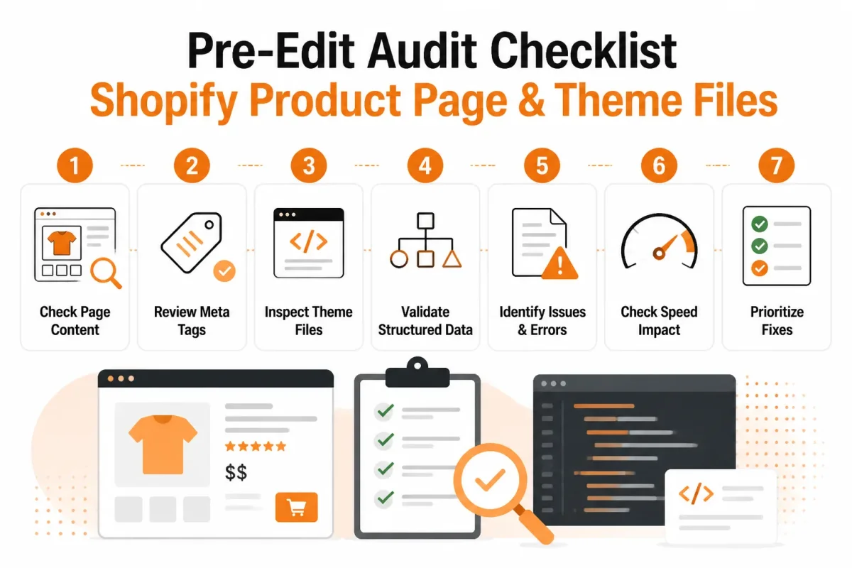Checklist showing pre-edit audit steps for Shopify product page and theme files to avoid duplicate markup