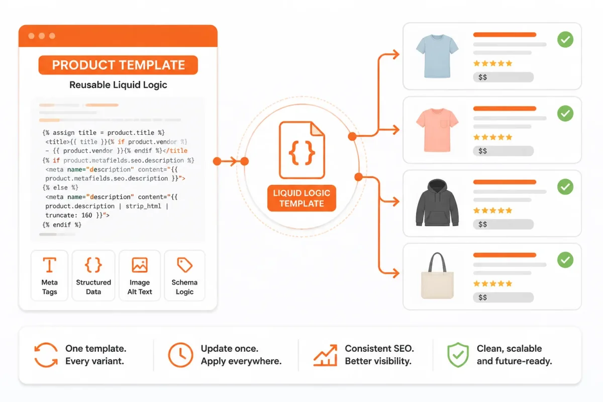 Diagram illustrating Shopify product template using reusable Liquid logic to manage variant offers without conflicts