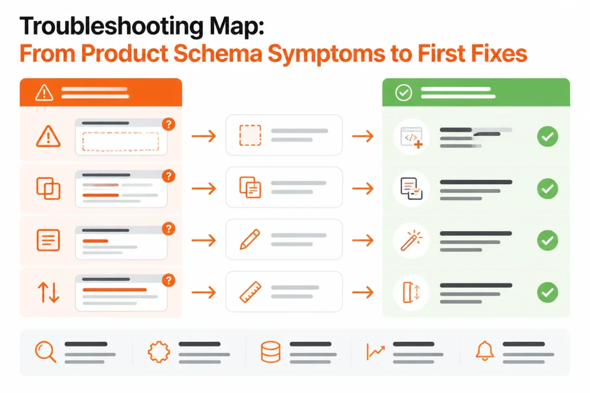Troubleshooting map linking product schema symptoms to initial fixes for SEO-related product data issues