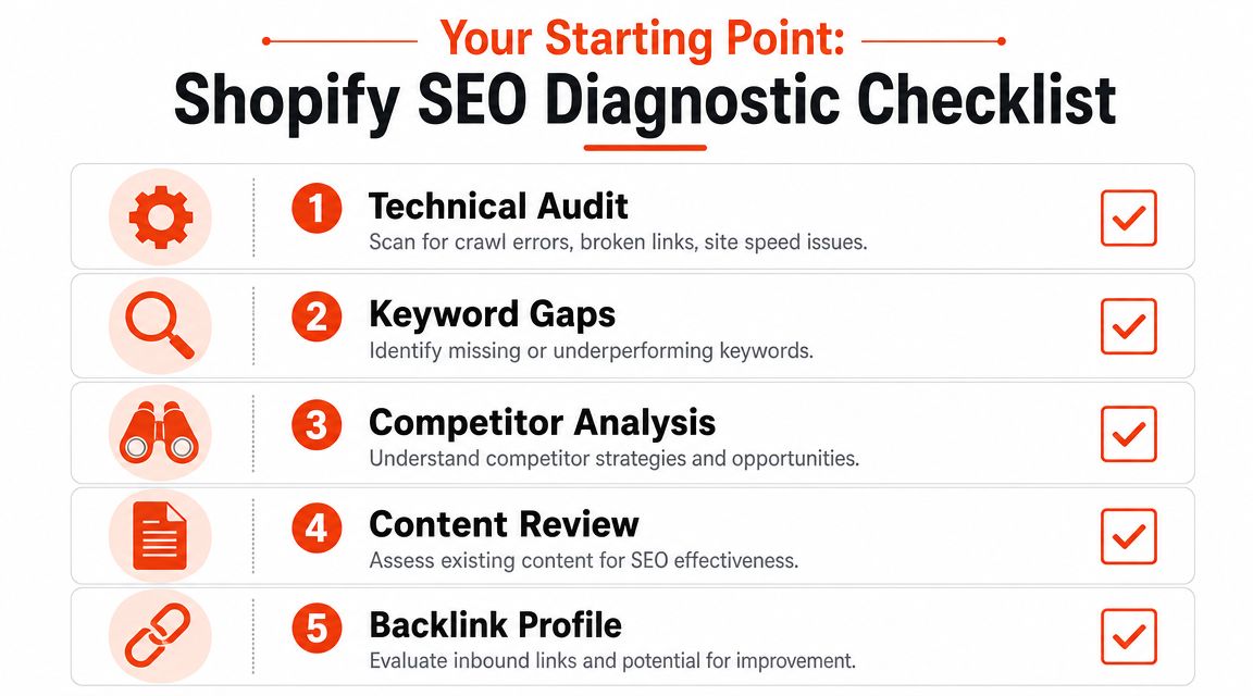 A Shopify SEO diagnostic checklist illustrating five key steps to improve your website's search engine performance.