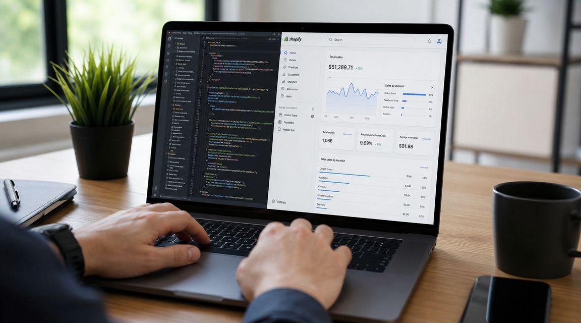 A developer working on a laptop displaying Shopify analytics alongside code editor software at a desk.