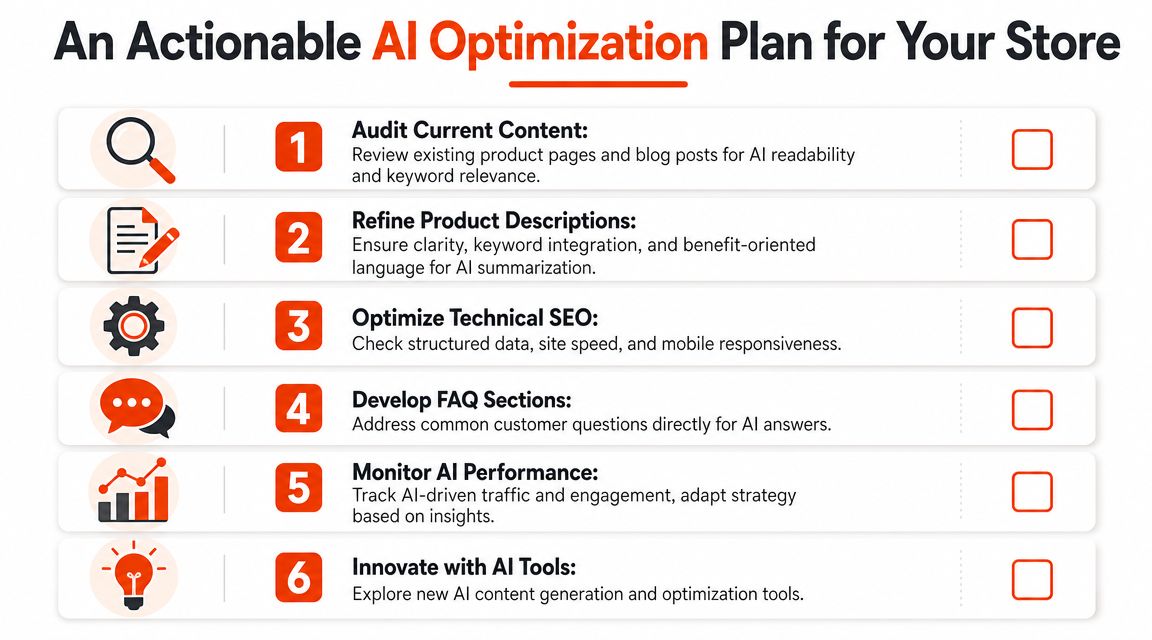 A checklist of six actionable steps for optimizing your online store for AI-driven search engine results.