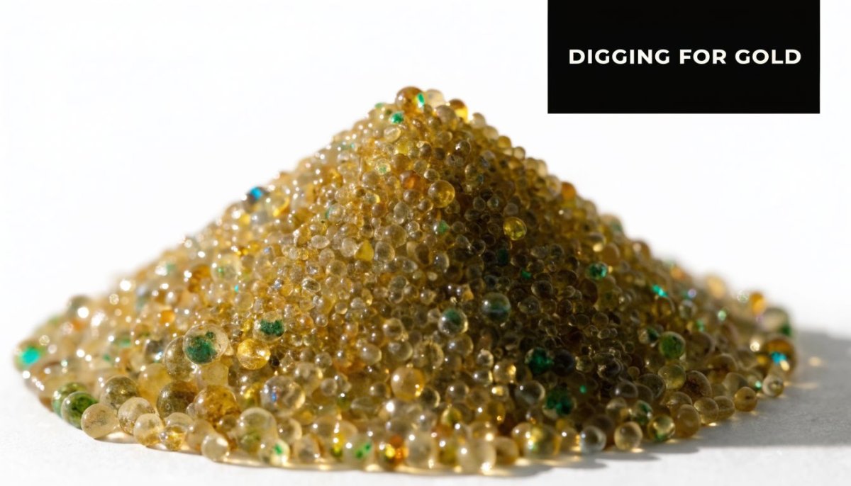 A close up pile of golden and green silica gel beads sitting on a white background.