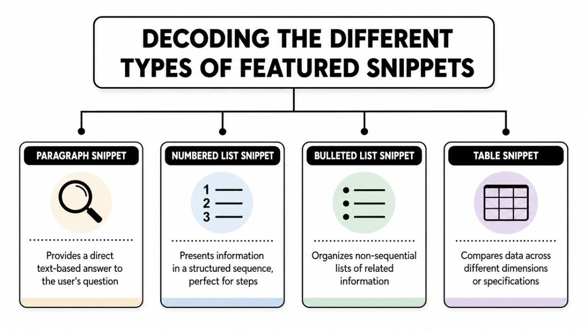 A diagram illustrating the four main types of Google search featured snippets: paragraph, numbered list, bulleted list, and table.