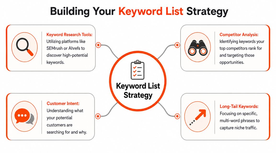 A mind map infographic illustrating four key components of a successful keyword list strategy for search optimization.