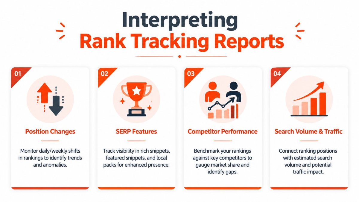 An infographic titled Interpreting Rank Tracking Reports showing four key metrics for SEO performance analysis.