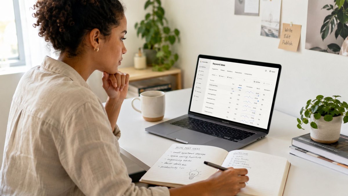 A woman working on a laptop while writing blog post ideas and outlines in a notebook.