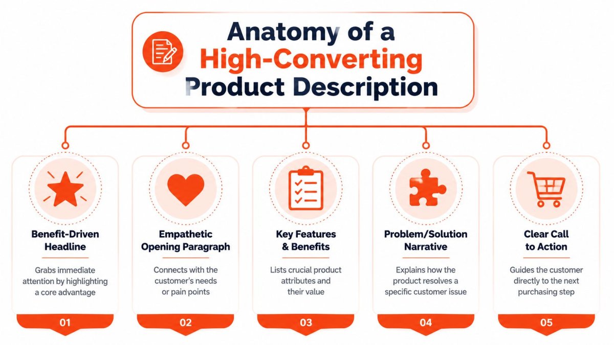 An infographic detailing five key components for creating high-converting product descriptions for e-commerce websites.