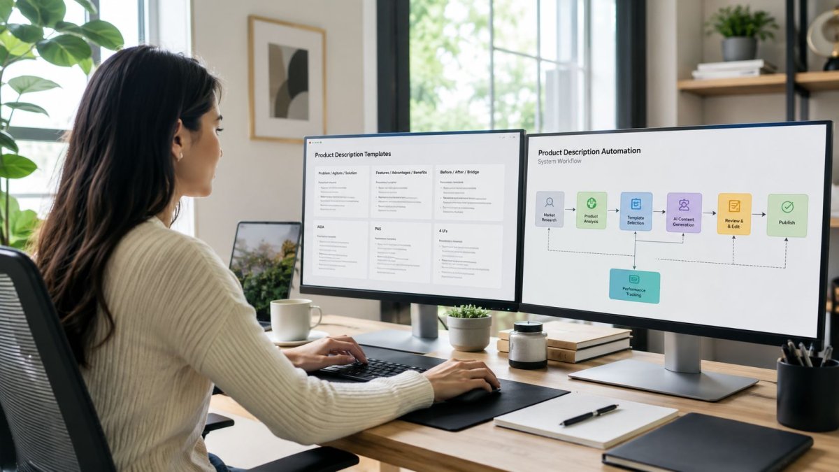 A woman working at her desk using two monitors to develop a product description automation workflow.