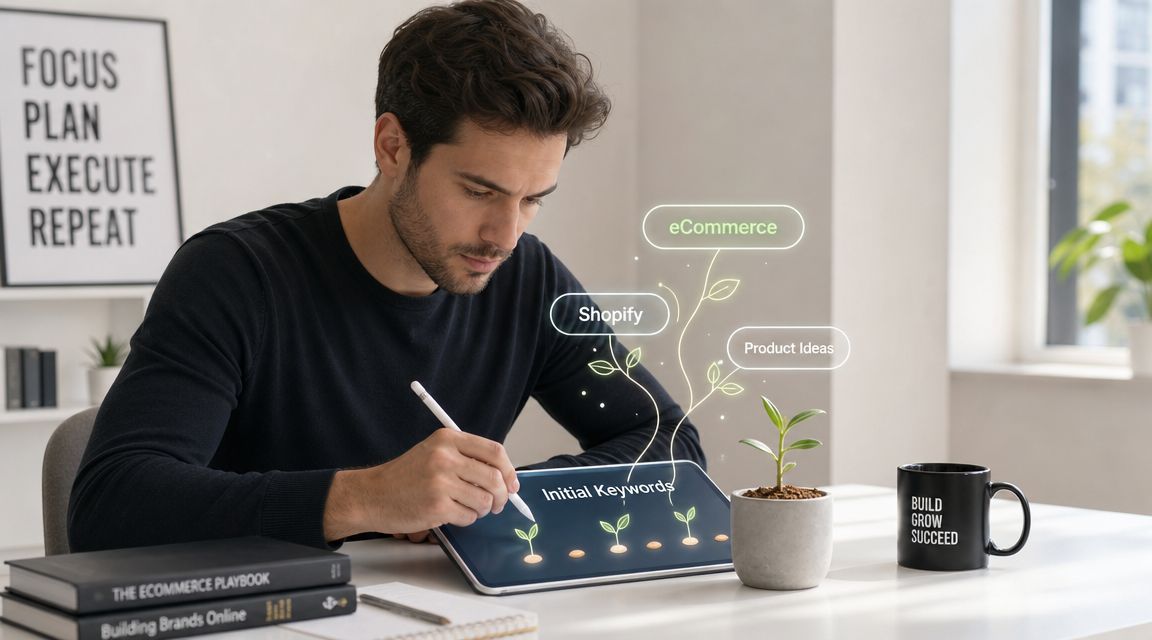 A professional man using a tablet to conduct keyword research for his Shopify ecommerce store business.