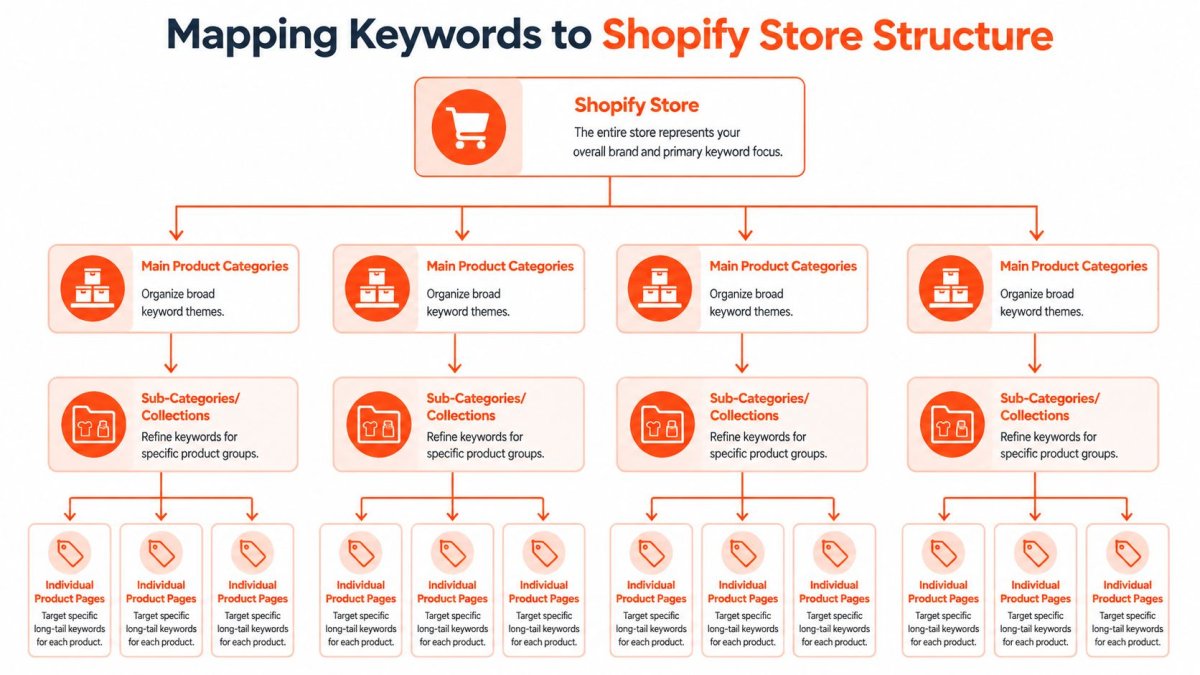A diagram illustrating how to map keywords to the hierarchical structure of a Shopify online store.