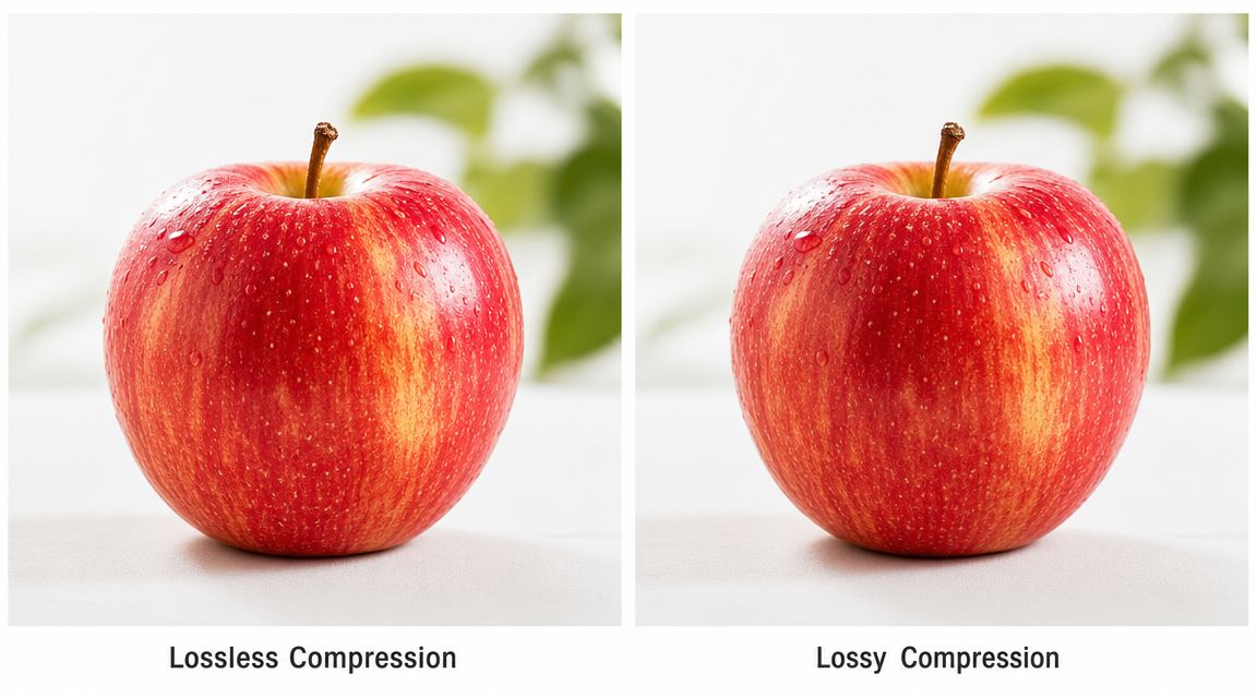 A side by side comparison of a red apple image showing lossless versus lossy compression examples.