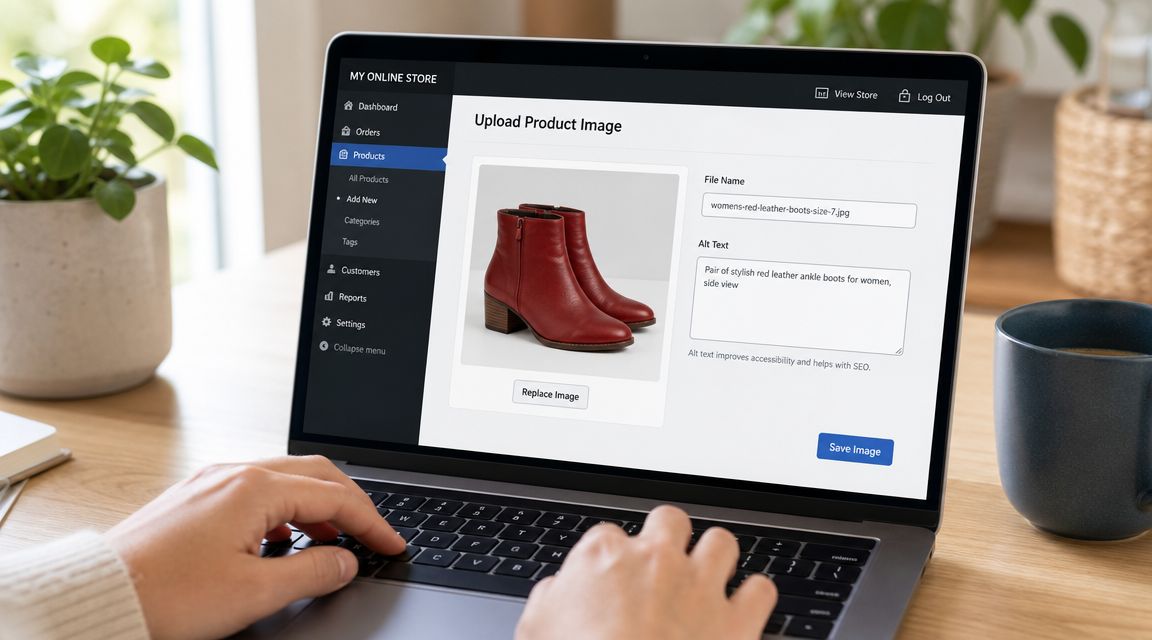 A person using a laptop to upload and optimize product images for their online Shopify store.