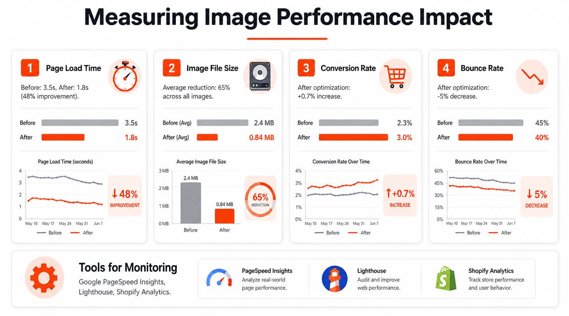 An infographic showing the positive impact of image optimization on web performance metrics like load time and conversions.