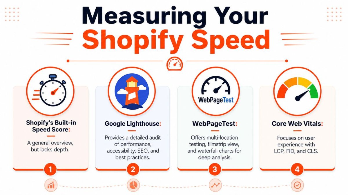 A diagram illustrating four tools used for measuring Shopify website speed and performance optimization.