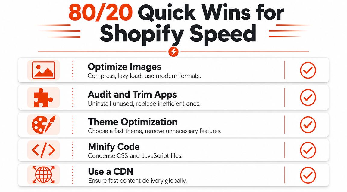A checklist infographic titled 80/20 Quick Wins for Shopify Speed featuring optimization tips for ecommerce store performance.