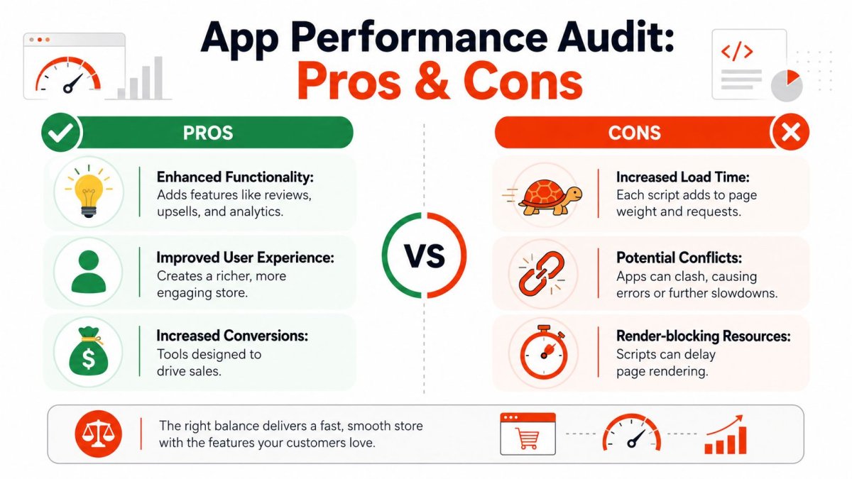 A comparison infographic showing the pros and cons of using various apps for website performance auditing.