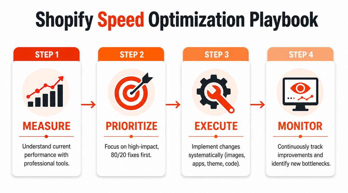 A four-step Shopify speed optimization playbook infographic outlining the process of measuring, prioritizing, executing, and monitoring performance.