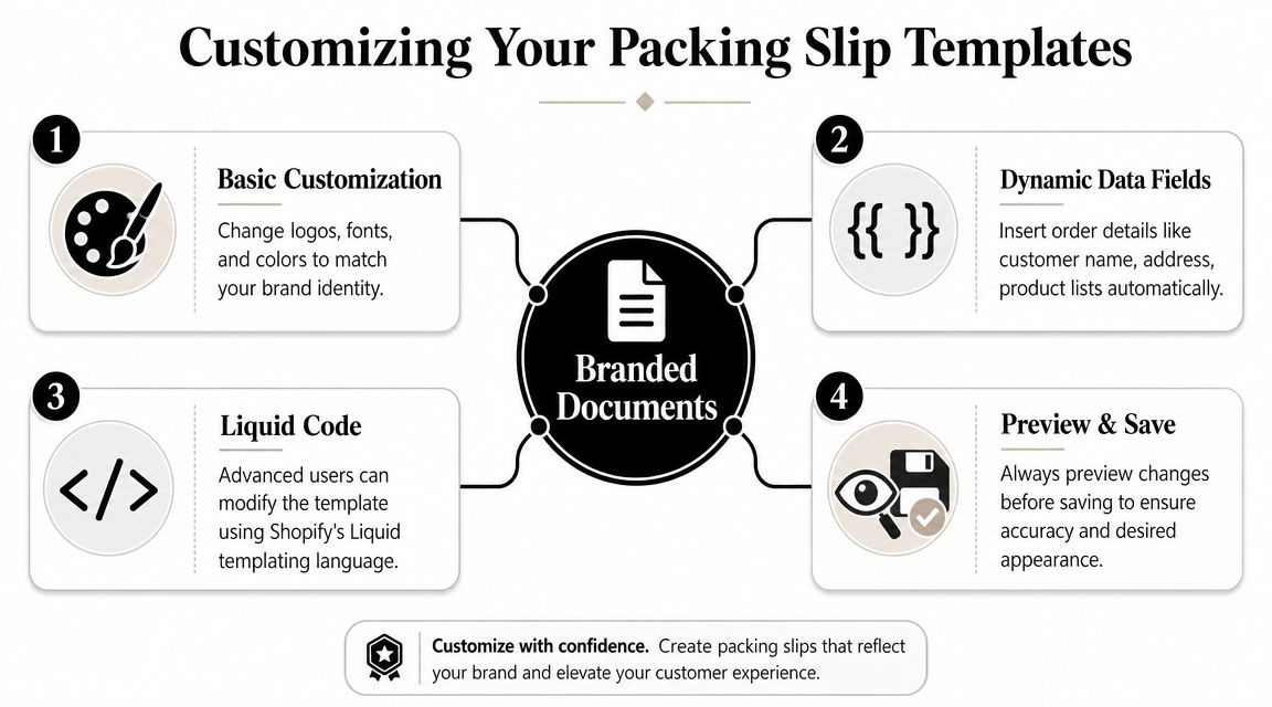 An infographic detailing four steps to customize packing slip templates for Shopify branded documents effectively.