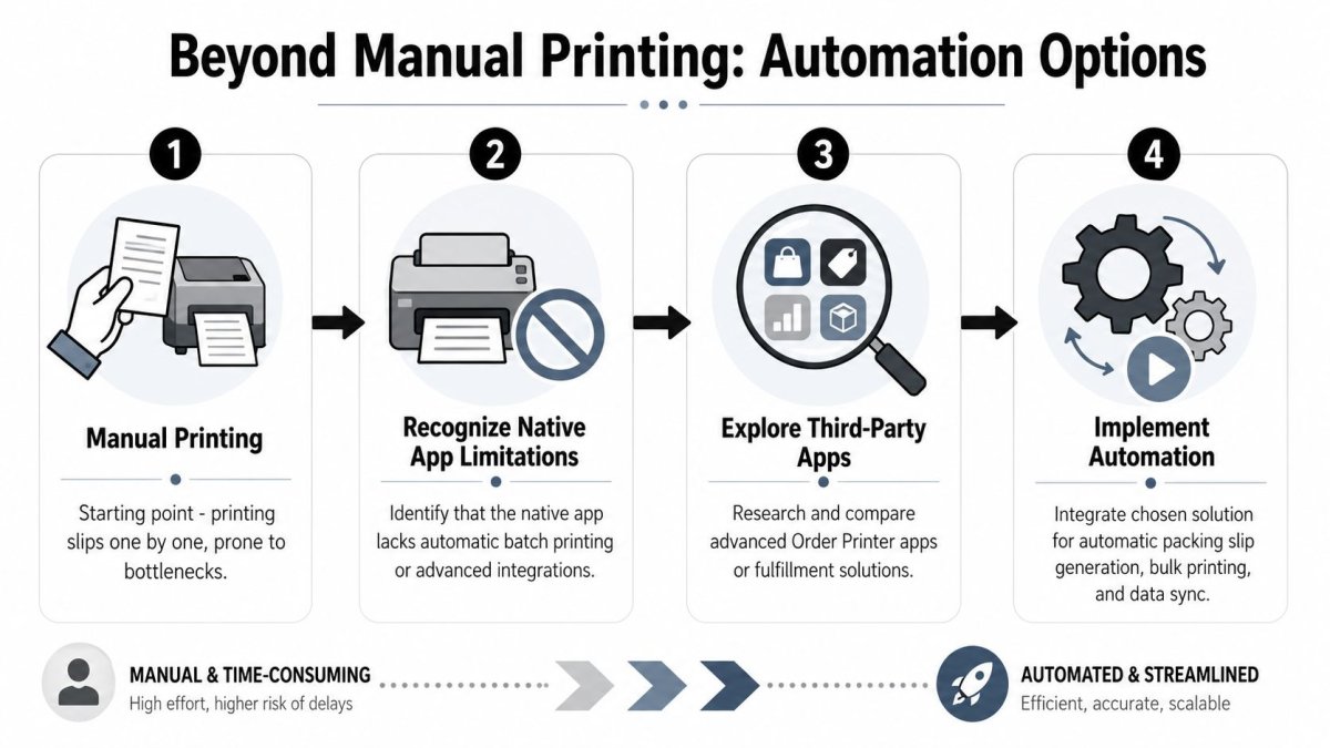 A four-step infographic illustrating the transition from manual printing processes to automated order printer Shopify solutions.